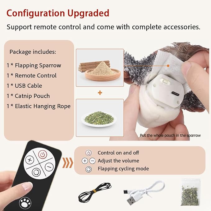 Realistic Cat Toys, Rechargeable Interactive Flappy Bird, Flapping Bird Sparrow, Touch Activated Kitten Toy Cat Exercise Toys, Simulated Chirping Moving Bird Catnip Toys