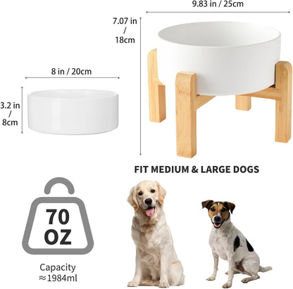 8'' Ceramic Raised Dog Bowl - 70Oz Dog Food & Water Bowl with Elevated Non-Slip Bamboo Stand, Dishwasher & Microwave Safe, Anti Vomiting Heavy Duty Pet Bowl for Medium and Large Dogs, White