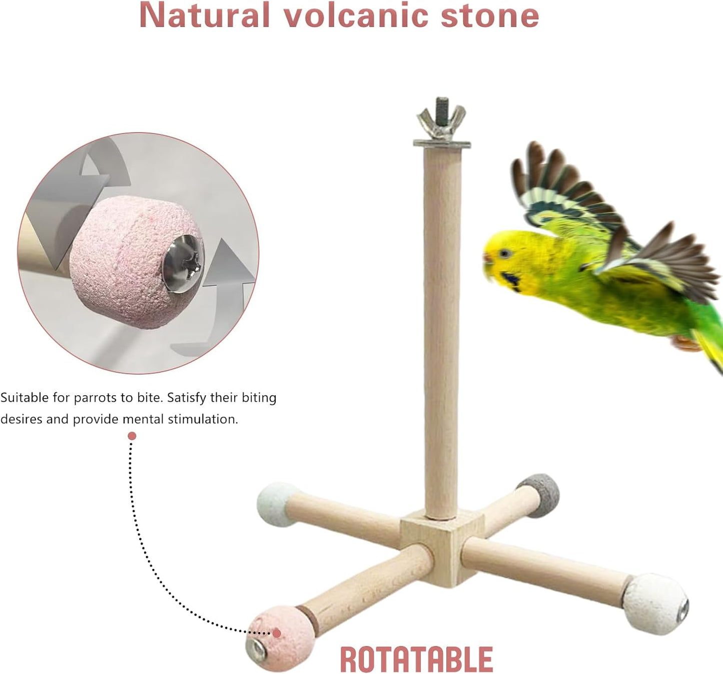 Bird Perch - 360° Rotating Interactive Perch for Cage, Natural Lava Rock for Claw & Beak Grinding, Safe Non-Toxic Wood, Multi-Position Play, Parakeet perches for cage, for Small/Medium Birds