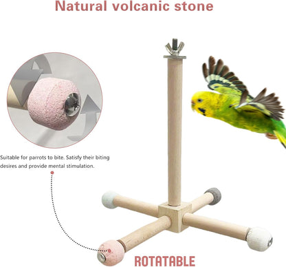Bird Perch - 360° Rotating Interactive Perch for Cage, Natural Lava Rock for Claw & Beak Grinding, Safe Non-Toxic Wood, Multi-Position Play, Parakeet perches for cage, for Small/Medium Birds