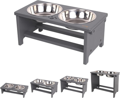 HTB Elevated Dog Bowls, Raised Dog’s Food Stand with 2 Stainless Steel Bowls, Elevated Raised Dog Dishes for Large Medium Small Sized Pet Sturdy Bamboo Food Feeder Natural