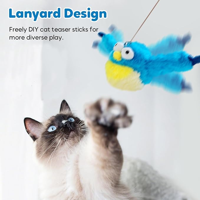 Interactive Chirping Bird Cat Toys with Flapping Wings, 2025 New Flying Birds Cats Toy, Flying Simulation Electric Sparrow Shaking Hunting Pet Toy for Indoor (Blue)
