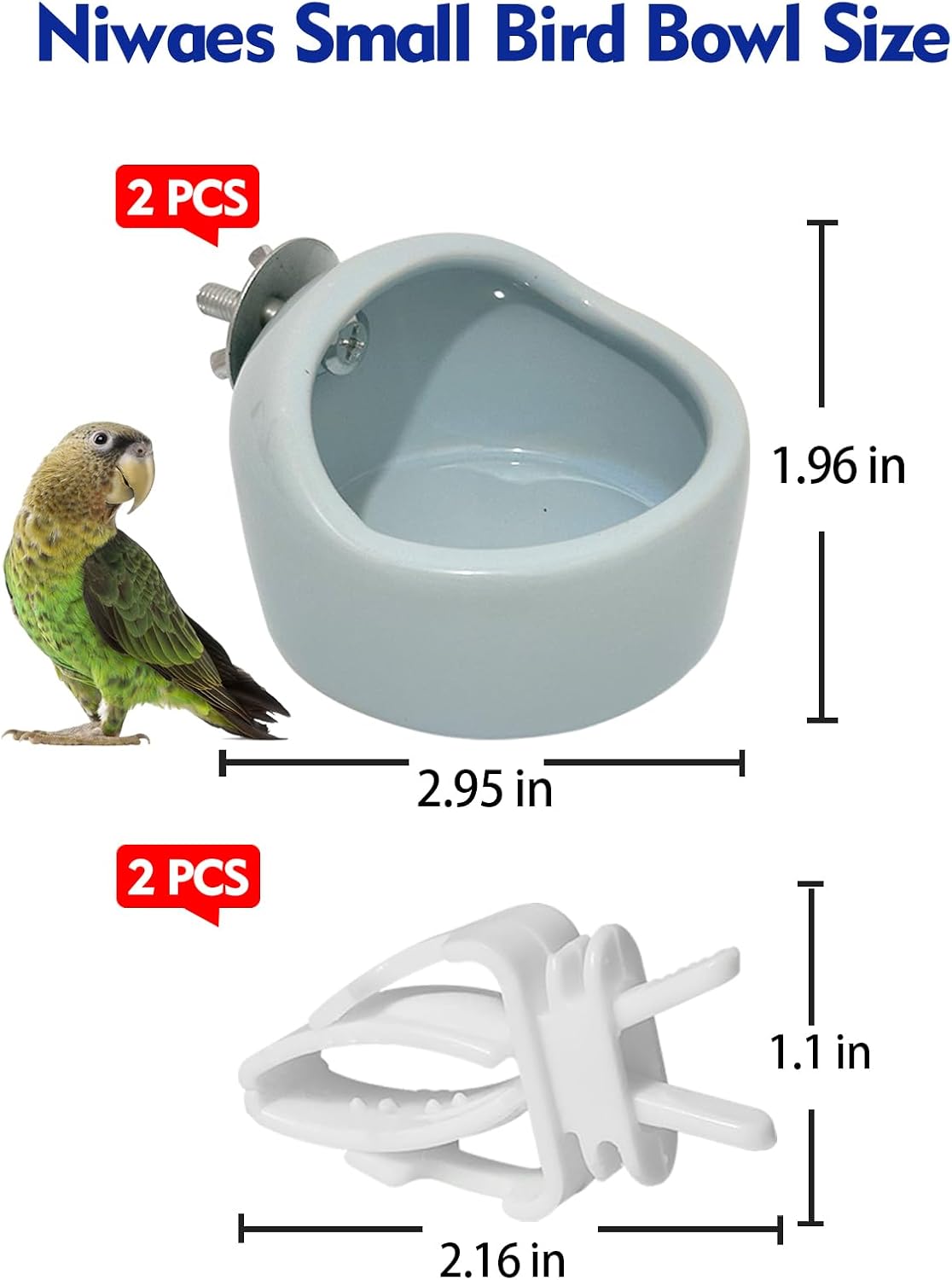 2 Pcs Pet Bird Bowls Ceramic Birds Cage Feeder Hanging Parrot Food Bowl Bird Cage Food Bowls for Budgie Finches Lovebirds Parakeet Cockatiels (Blue)