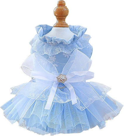 ANIAC Daisy Small Dog Dresses Female with Leash Ring,Bow Knot Girl Puppy Wedding Dress,Valentine's Cat Outfit,Fancy Pet Party Dress for Kitten Chihuahua Yorkie Pomeranian (Blue, X-Small)