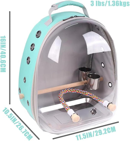 Bird Traval Carrier Cage, Multi Vent Holes Clear Space Capsule Astronaut Backpack to Carry Parakeet Cockatiel Parrot with Metal Tray Wood Perch, Vet Transport Book Bag