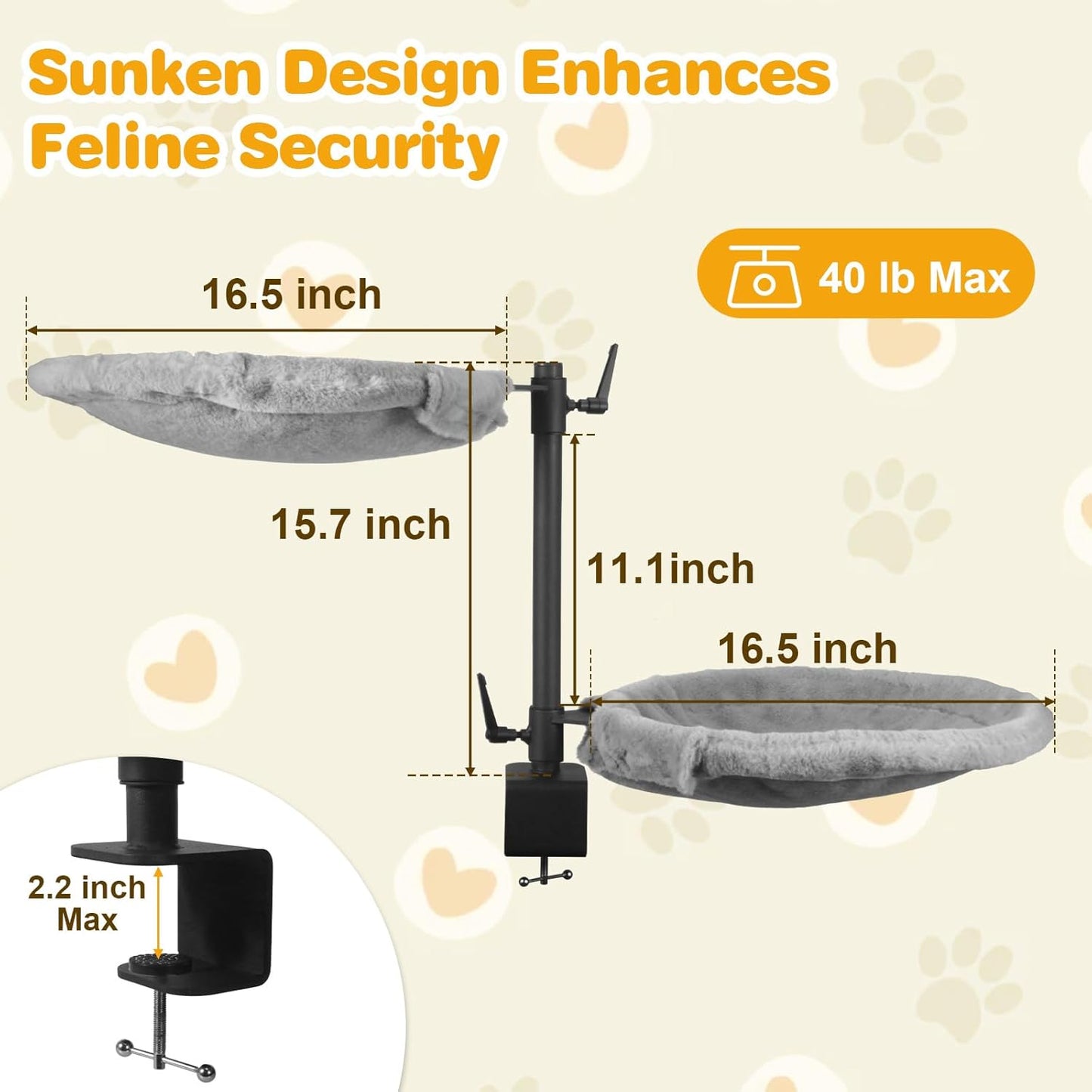 Double Cat Desk Bed - 2 Large Layers Cat beds with 360° Rotating & Adjustable Height, Kitten Nest for Desktop with 2 Washable Soft Covers, Kitten Hammock Bed Mount for Home Office Grey