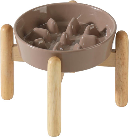 Ceramic 0.9 Cup Dog Raised Slow Feeder Set, Elevated Bowl with Wooden Stand for Small Dog, 6.1inch Pet Slow Feeder Dish for Fast Easters, Preventing Choking (Brown Coffee, Single Bowl+ Stand)