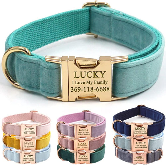 PETDURO Personalized Dog Collar Mint Green Soft Velvet for Large Medium Small Boy Girl Dogs - Custom Collar with Name Phone Number Engraved on Gold Metal Buckle - Add Leash Bow Set via Customize Now