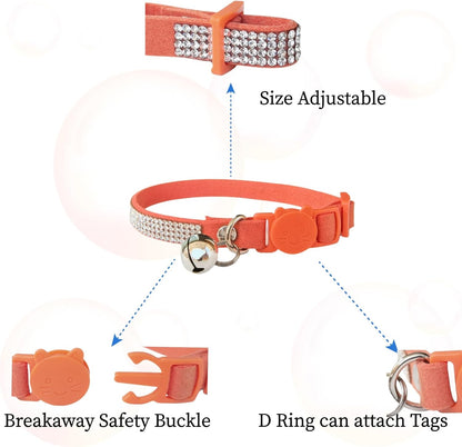 Rhinestone Cat Collar Breakaway Safety Buckle with Bell, Adjustable Diamond Girl Boy Kitty Cute Comfy Collar for Kitten Small Pets Rabbits, 7.5"-11" Orange