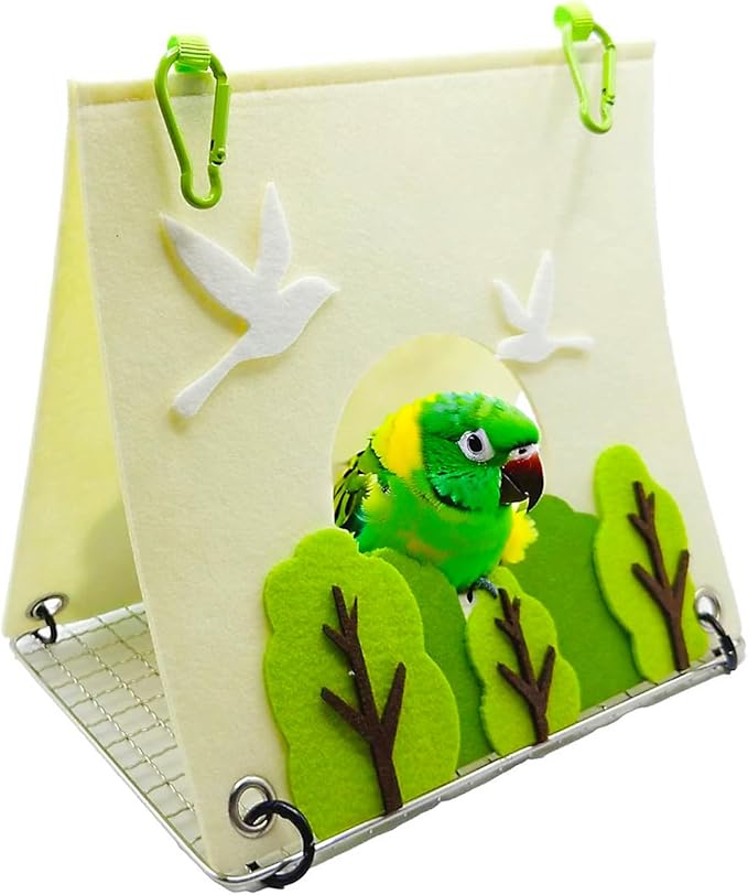 Felt Bird Bed for Cage with 304 Stainless Steel Grid - Large Size (9.4"x6.3"x8.3") - Hanging Hammock Swing Bird Tents for Parakeets, Budgies, Conures -Verdant