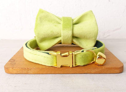 Cat Collar Personalized with Name Engraved and Bell, Customized Velvet Collars for Puppy Kittens (Moss Green, S)