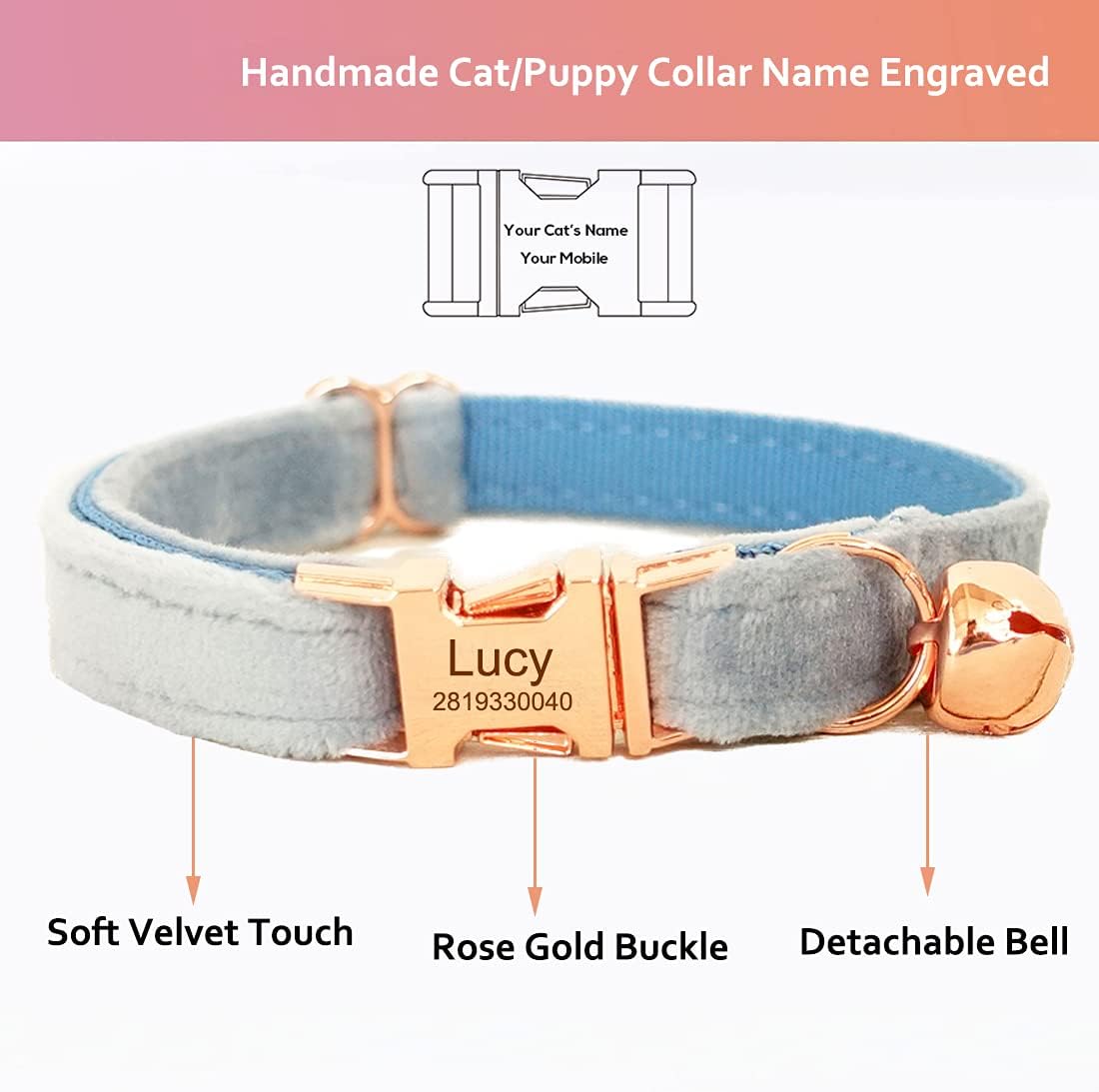 Cat Collar Personalized with Name Engraved and Bell, Customized Velvet Collars for Puppy Kittens (Sky Blue, L)