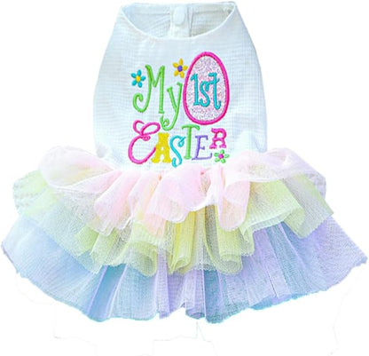 ANIAC Happy 1st Easter Dog Dress Girl Holiday Puppy Clothes for Small Dog Easter Cat Outfit Eggs Print Rainbow Doggy Princess Tutu Dress Pet Clothing (X-Large)