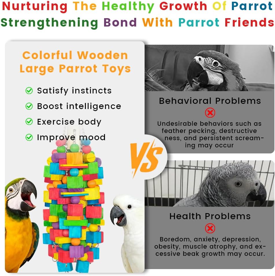 Extra Large Bird Toys - 21.6'' Heavy Duty Natural Parrot Toys for Chewing Foraging with SS Chain & Edible Colors for Medium to Large Parrots, Macaws, Cockatoos, African Grey, Cockatiel, Parakeet