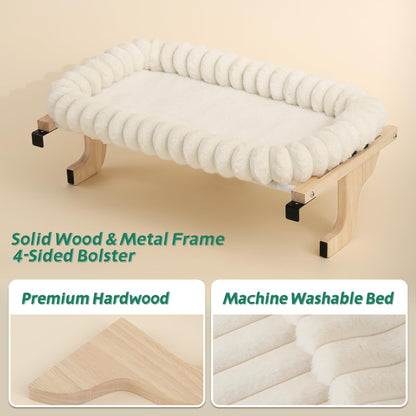 Zakkart SnugCloud Cat Window Perch with 4-Sided Bolster - Orthopedic Cat Hammock for Window Sill - Solid Hardwood & Metal Frame - Window Seat for Pets (Natural Color Wood w/White Bed, Large)