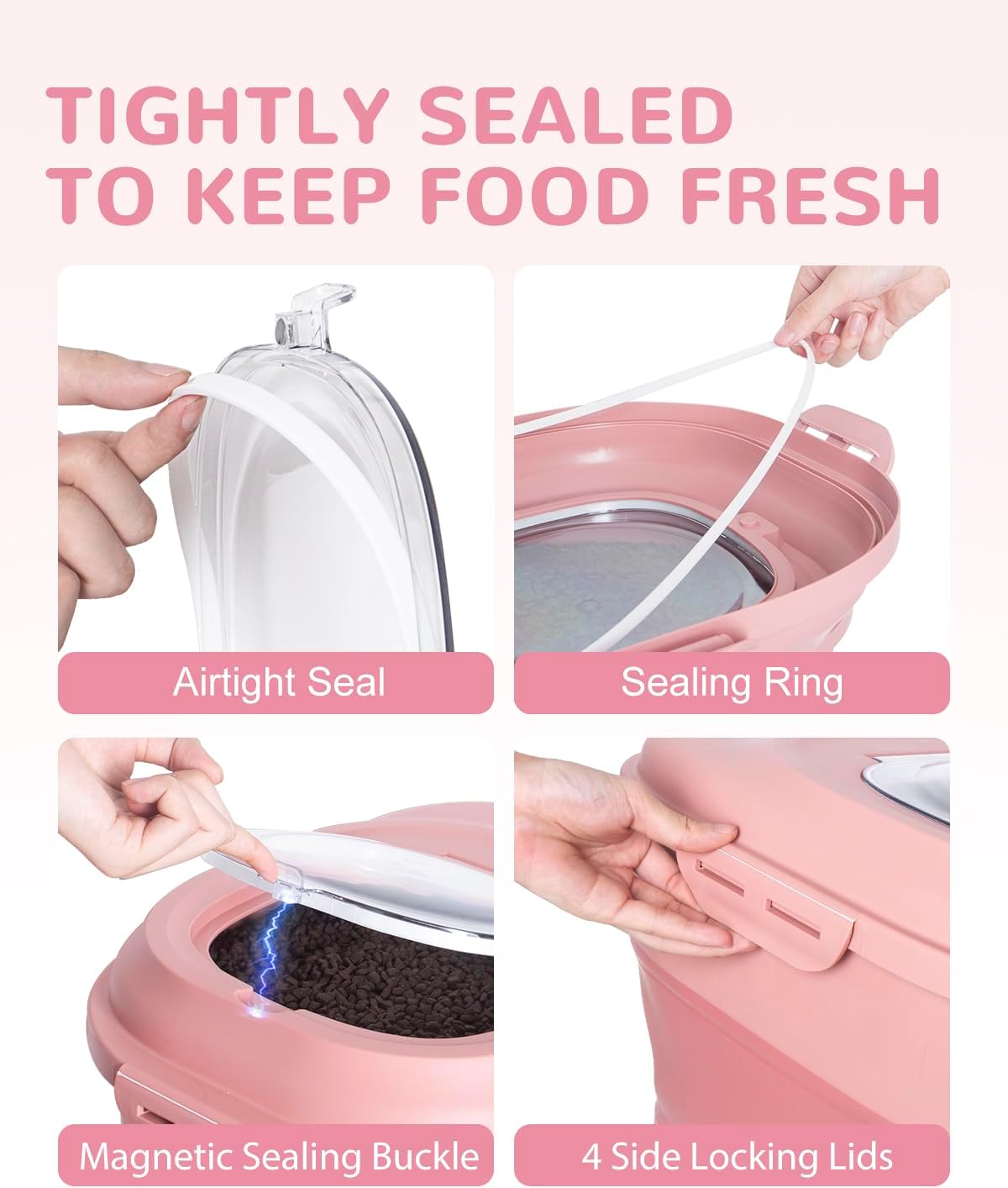 30-35 Lbs Dog Food Storage Container Collapsible Dog Food Container with Airtight Lids, Wheels, Scoop and 2pcs Food Storage Containers, Large Pet food storage for Dog, Cat (Pink)