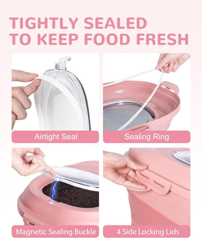 30-35 Lbs Dog Food Storage Container Collapsible Dog Food Container with Airtight Lids, Wheels, Scoop and 2pcs Food Storage Containers, Large Pet food storage for Dog, Cat (Pink)