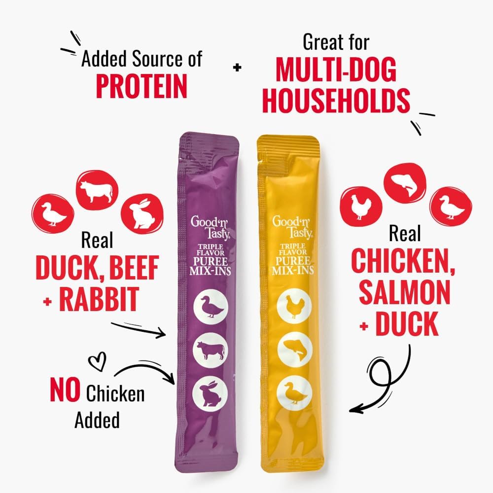 Good 'n' Tasty Triple Flavor Puree Mix-Ins Variety Pack Dog Food Topper Treats for All Dogs, 84 Count, Easy Single-Serve Portions, Added Protein with Chicken, Salmon, Duck, Beef and Rabbit