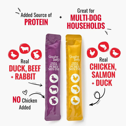 Good 'n' Tasty Triple Flavor Puree Mix-Ins Variety Pack Dog Food Topper Treats for All Dogs, 84 Count, Easy Single-Serve Portions, Added Protein with Chicken, Salmon, Duck, Beef and Rabbit