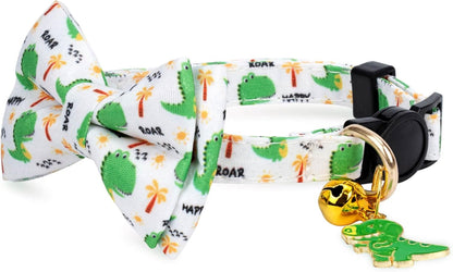 2 Pack Cotton Cat Collar with Bow Tie and Bell for Girl Boy Cats,Cute Pink Flamingo and Blue Whale Pattern Spring Summer Breakaway Cat Collar for Male Female Cats (Dinosaur)