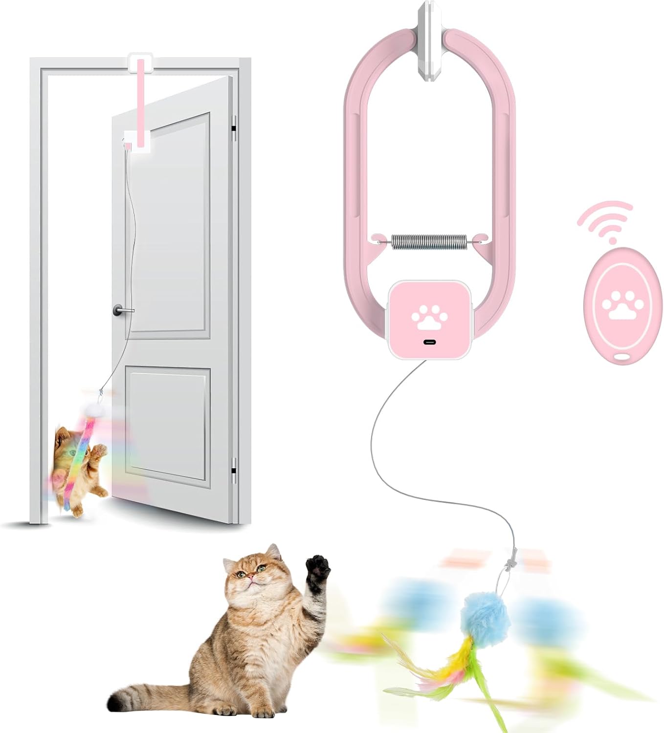 Rechargeable Electric Cat Teaser with Remote – Interactive Door Clip Toy for Cats, 2 Motion Modes (360° Spin & Irregular Jumping), Smart Auto Cat Toy for Exercise & Fun (Pink)