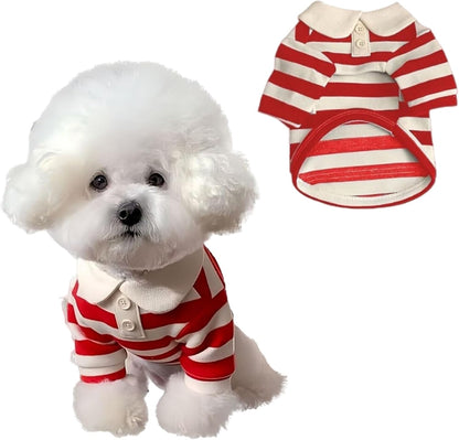 MANON ROSA Cute Dog Clothes Boy Dog Polo Shirt for Small Medium Dogs - Summer Male Puppy T Shirts for Yorkie Poodle Shih Tzu Dachshund Kittens, Striped Collared Pet Doggie Designer Outfits Red XXL