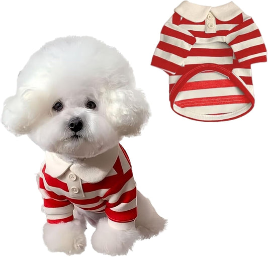 MANON ROSA Cute Dog Clothes Boy Dog Polo Shirt for Small Medium Dogs - Summer Male Puppy T Shirts for Yorkie Poodle Shih Tzu Dachshund Kittens, Striped Collared Pet Doggie Designer Outfits Red S