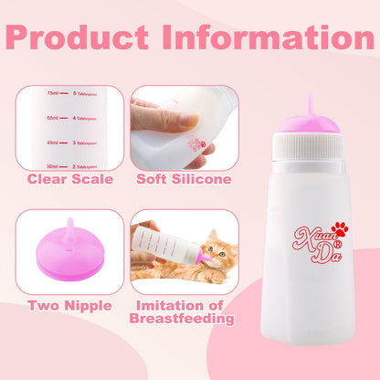 Kitten Bottle Feeding kit with Feeding Nipple and Syringe, Soft Silicone Nursing Pet Feeding Bottle, Ventilation Valve Resistant Tearing for Small Puppies, Kittens, Rabbit (S Nipple-Pink)