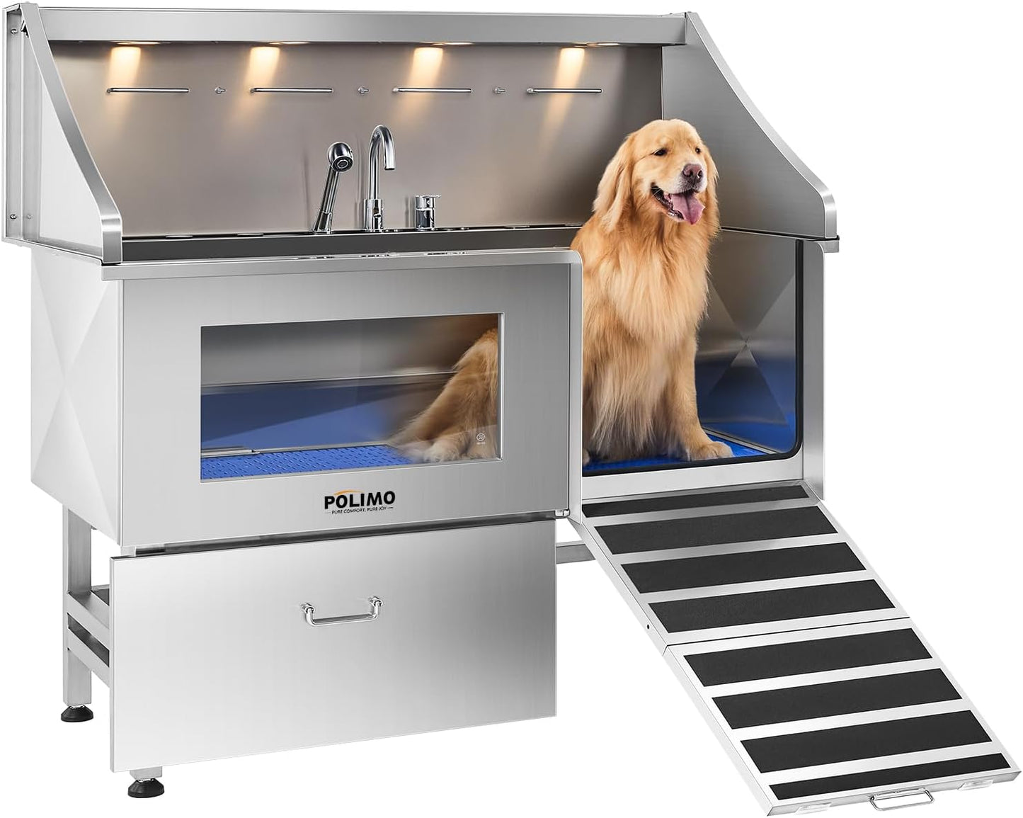 POLIMO Dog Washing Station, LED Professional Stainless Steel Dog Bathing Station 61", Dog Grooming Tub for Large, Medium & Small Dog - with Window, Ramp, Drawer, Floor Grate & Faucet (Right Ramp, 61")