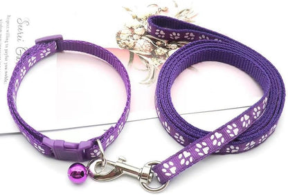 Dog Collar with Bell Leash Set,Nylon Basic Reflective Puppy Collars Girls Boys Paw Print for XXS Xs Small Cat Pet Animal Litter Tiny Kitten, Dark Purple