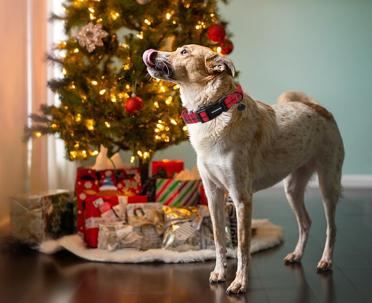 DOGWONG Christmas Cotton Dog Collar, Heavy-Duty Red Plaid Dog Collar Durable Soft Fabric Pet Dog Collars Cute Christmas Red Grid Puppy Necklace for Small Dogs