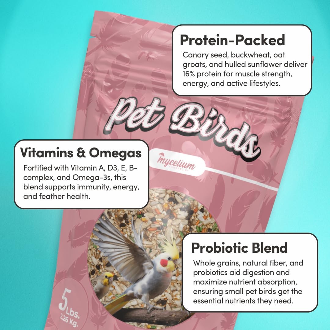Mycelium Small Pet Bird Plus | Bird Seed for Cockatiels, Parrots, Lovebirds | Organic Mix with Vitamins, Egg, Oyster Shell, Pumpkin & Safflower | Supports Digestion & Feather Health | 5 lb Bag