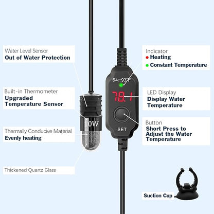 Adjustable Mini Aquarium Heater 0.5/1/2/3 Gallon Submersible Small Fish Tank Heater 10W/20W/30W Digital Display Thermostat External Temperature Controller