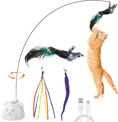 Cat Toys Feather Wand Enhanced Suction Cup Interactive Cat Toy Auto-Swing Cat Wand Toy with 3PCS Replacement Teaser Refills with Bell Bird/Ribbon/Worm