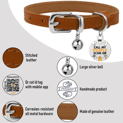 BRONZEDOG Leather Cat Collar with Removable Bells Non Breakaway Kitten QR Tag for Girl Boy (9" - 12" Cats/Mini Dogs, Light Brown & Silver)