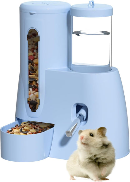 2 in 1 Hamster Water Bottle - Automatic Food Bowl, No Drip Small Animal Water Bottle Dispenser, for Syrian Dwarf Hamsters, Gerbils, Mouse, Hedgehog, Hamster Cage Accessories (Blue, Large)