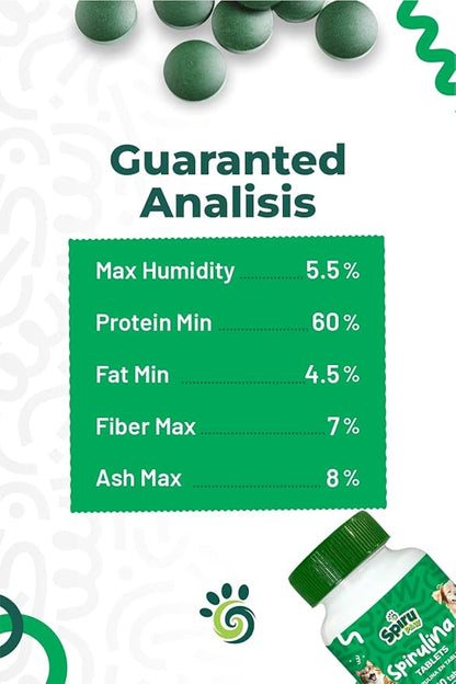 Spirulina-Based Tablets for Pets Produced in The Atacama Dessert - Natural Supplement Nutrient-Rich, Essential Amino Acids & Prebiotics - 60 Count