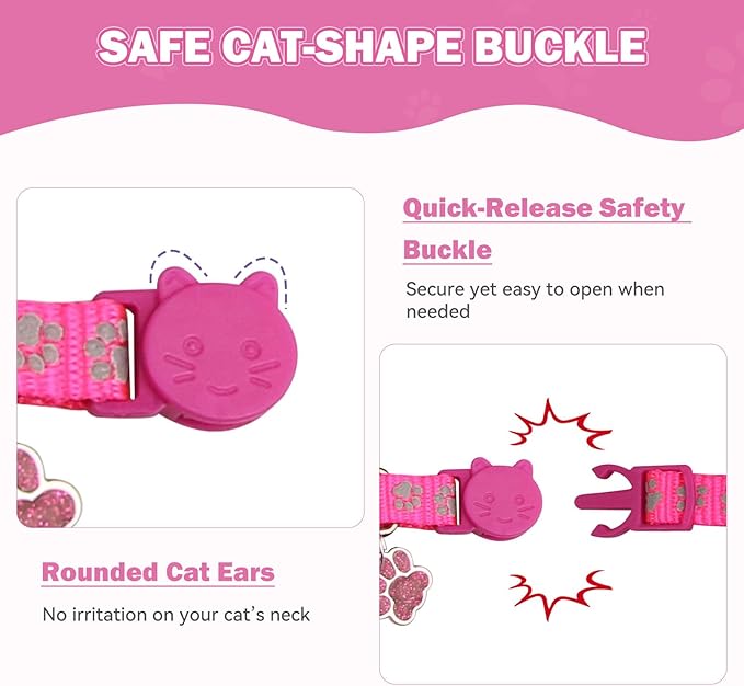 4PCS Breakaway Cat Collars,Reflective Cat Collar with Bells,Kitten Collars for Boy&Girl Cats Breakaway Collar for Cats with Paw Pendant 6-9 Inch(Purple+Hotpink+Red+Teal)