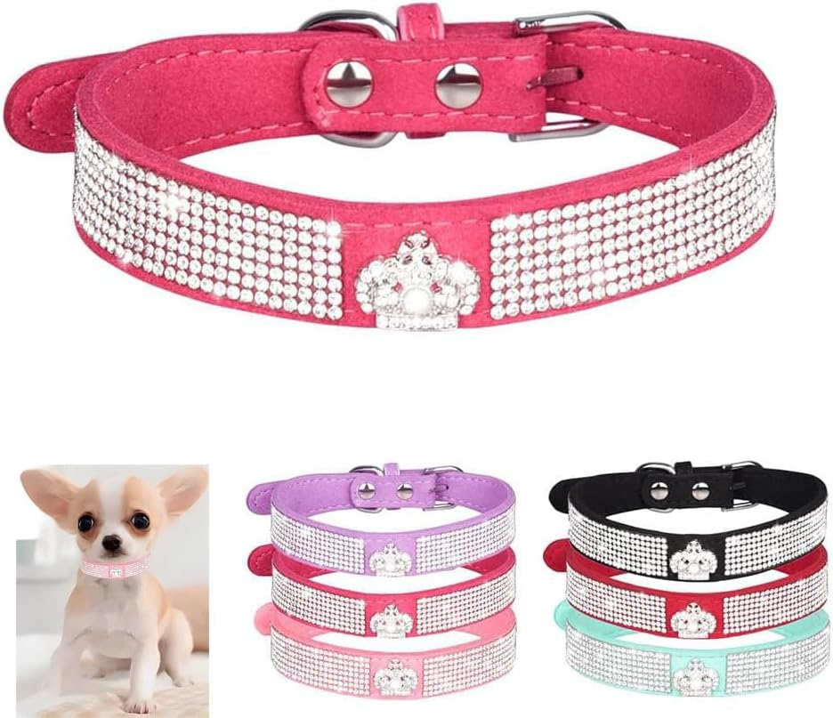 Serijoars Small Dog Collar with Rhinestone Crystal Diamond Colorful Bling Girl Puppy Cat Collars (L, Hot Pink4)