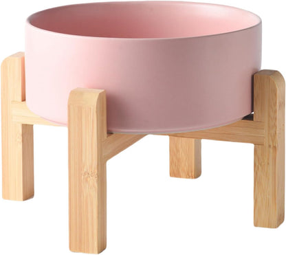 8'' Ceramic Raised Dog Bowl - 70Oz Dog Food & Water Bowl with Elevated Non-Slip Bamboo Stand, Dishwasher & Microwave Safe, Anti Vomiting Heavy Duty Pet Bowl for Medium and Large Dogs, Pink