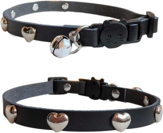 Spiked Cat Collar with Bells, Breakaway Genuine Leather Protective Collar for Kitty, Studs Spikes Punk Style, Heart Pattern, Adjustable for Girl Boy Kittens Small Bunny Rabbit, 10"-12" Black