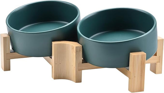 SPUNKYJUNKY 15° Slanted Ceramic Dog and Cat Bowl with Wooden Stand, Tilted Bulldog Food and Water Bowl No Slip Non-Spill for Cats Medium Dogs Big Face Pets 13.5 OZ (1.7 Cups, Green × 2)