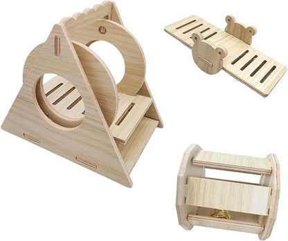 Poplar Wood Hamster Toys Set: Triangle Swing, Frog Seesaw & Bell Roller - Chewable Cage Decor for Dwarf/Syrian Hamsters, Gerbils, Mice (秋千、响铃、跷跷板、)