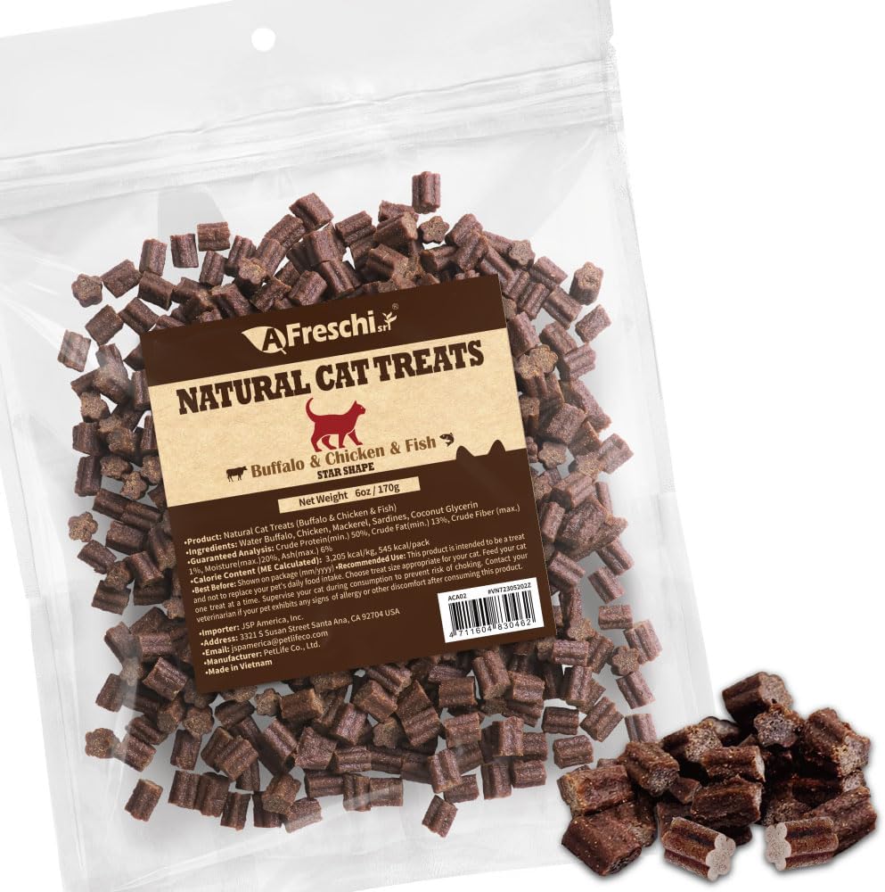 AFreschi Natural Cat Treats Buffalo& Chicken & Fish Star Shape 6 oz, All-Natural, High-Protein, Grain-Free, Healthy, Low-Fat, Easily Digestible