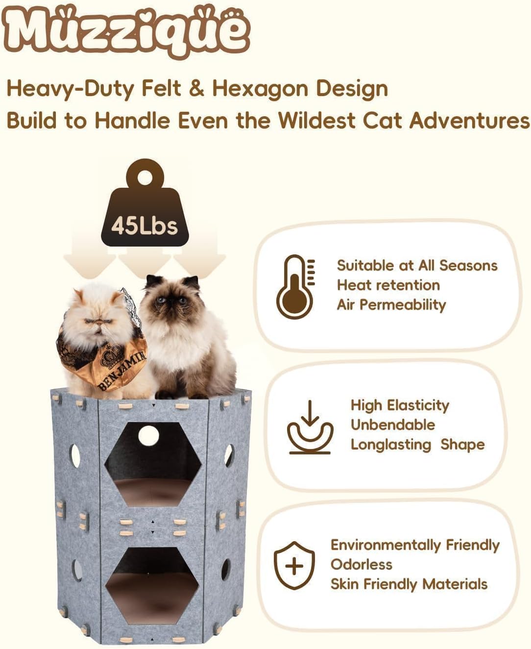 2-Storey Cat Cube, for Indoor Cats&Small Dogs, with Hair Brush, Without Tunnel, DIY Large Expandable Modular Felt Pet House, Stackable Kitten Perch Nest, Peekaboo Kitty Cave, Washable Puppy Condo Bed