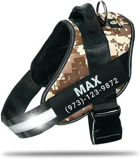 Personalized No-Pull Dog Harness with Name Patch, Adjustable, Reflective, Padded, Heavy Duty Pet Vest to Prevent Tugging, Pulling, or Choking, Training and Walking, Military Desert, L