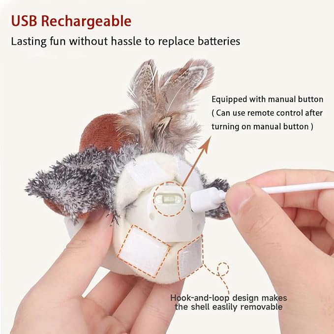 Realistic Cat Toys, Rechargeable Interactive Flappy Bird, Flapping Bird Sparrow, Touch Activated Kitten Toy Cat Exercise Toys, Simulated Chirping Moving Bird Catnip Toys