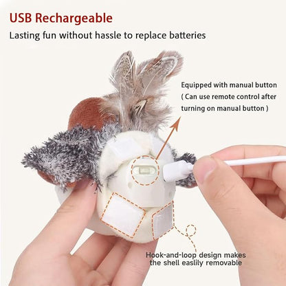 Realistic Cat Toys, Rechargeable Interactive Flappy Bird, Flapping Bird Sparrow, Touch Activated Kitten Toy Cat Exercise Toys, Simulated Chirping Moving Bird Catnip Toys