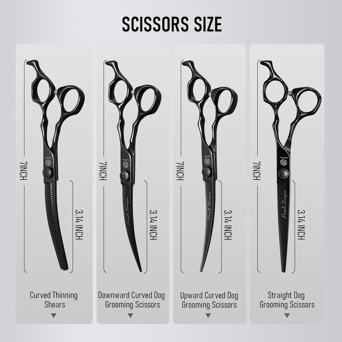Purple Dragon Dog Grooming Scissors Set - Curved Thinning, Straight, Up & Down Curved Scissors and Comb, 7 Inch Black Shears with Adjustable Screw for Dogs and Cats