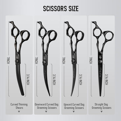 Purple Dragon Dog Grooming Scissors Set - Curved Thinning, Straight, Up & Down Curved Scissors and Comb, 7 Inch Black Shears with Adjustable Screw for Dogs and Cats